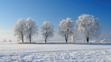 Obraz premium Frosted trees in a serene winter landscape under a clear blue sky with a blanket of snow covering the ground.