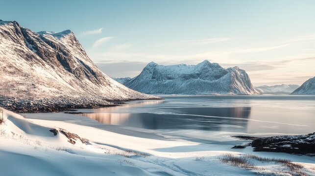 Serene winter landscape of a snowy mountainous coast along Grotfjord showcasing tranquil waters and majestic peaks under soft sunlight
