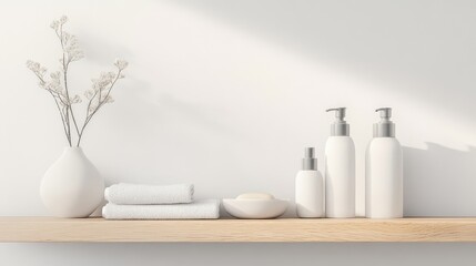 Minimalist bathroom shelf featuring white cosmetic containers, soft towels, and a vase with dried flowers against a bright wall. Natural lighting highlights textures.