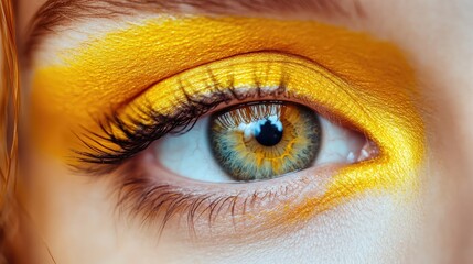Vibrant yellow eye makeup showcasing artistry and creativity in cosmetic application with a focus on color impact and beauty.