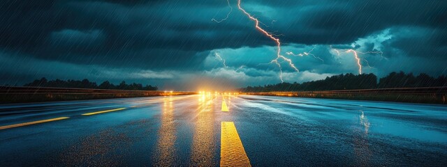 Dramatic thunderstorm with vivid lightning illuminating wet asphalt highway at night creating a moody atmospheric scene for text placement