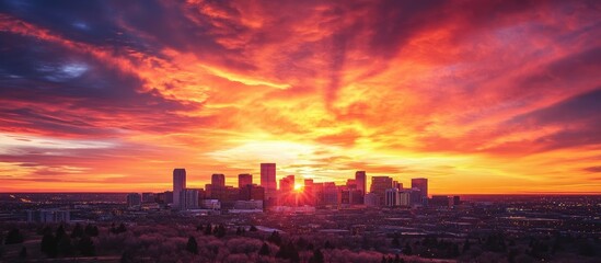 Breathtaking city skyline at sunset with vibrant orange and red sky showcasing empty copyspace for creative text or messages