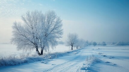 Serene winter landscape featuring frosty trees and a tranquil snow-covered path under a clear blue sky.
