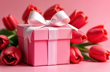 A Charming Pink Gift Box Delicately Surrounded by Beautiful, Vibrant Red Tulips Blooms