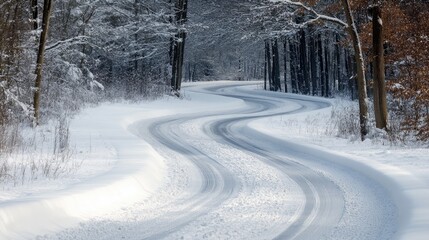 Obraz premium Curved winding road through a winter forest blanketed in snow under a serene atmosphere