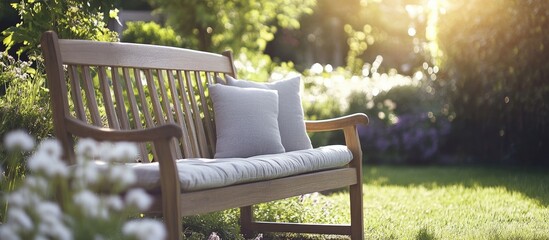Wooden garden bench with soft cushions surrounded by lush greenery creating a serene atmosphere for relaxation and comfort in nature