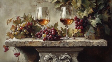 Naklejka premium Elegant wine glasses accompanied by rich grapes on a rustic stone table surrounded by lush vine leaves in a classic still life composition.