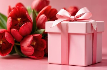 A Charming Pink Gift Box Delicately Surrounded by Beautiful, Vibrant Red Tulips Blooms