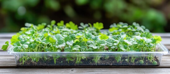 Germinating goat currant seedlings in a plastic tray showcasing vibrant greenery for gardening and plant nursery concepts with copy space.
