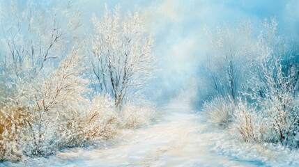 Fototapeta premium Serene winter landscape with frosted trees and bushes along a near-freezing river creating an enchanting cold atmosphere.