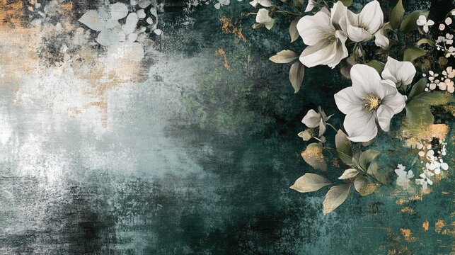 Elegant abstract mural blending dark emerald green and charcoal tones with intricate floral elements for a sophisticated artistic touch.