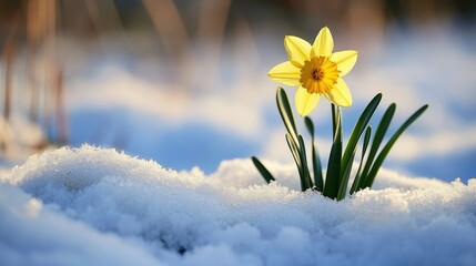Daffodil bloom emerging from winter snow symbolizing the transition from winter to spring in nature's vibrant cycle
