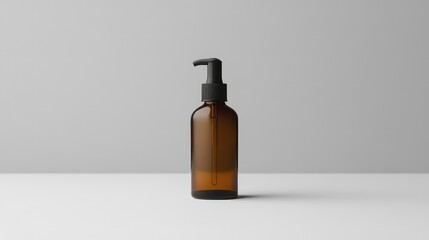 Fototapeta premium Cosmetic product packaging mockup in amber glass bottle with black pump on minimalistic neutral gray background with empty copyspace.