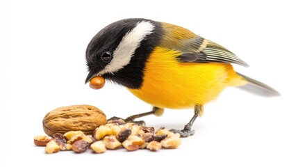 Obraz premium Black capped Chickadee perched on white background enjoying nut snack during winter feeding season