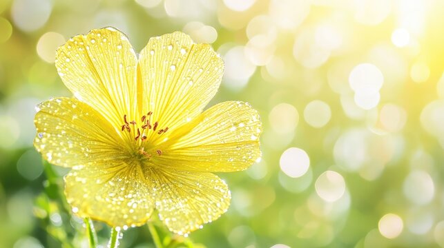 Yellow chicory flower glistening with dew under the soft morning sunlight creating a serene summer atmosphere with a bokeh background