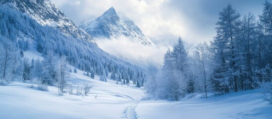 Serene Winter Mountain Landscape with Snowy Peaks and Blank Space for Text in a Tranquil Blue Atmosphere