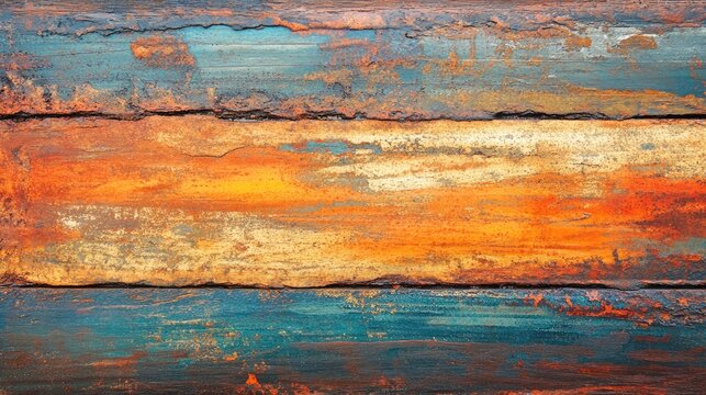 Corroded metal texture background with vibrant orange and blue hues in a horizontal layout featuring a rustic weathered appearance.
