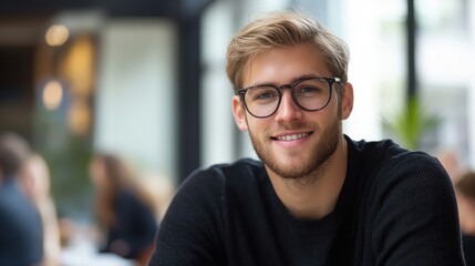 Obraz premium Smiling Young Professional Man in Black Sweater with Stylish Glasses in Modern CafÃ© Setting with Corporate Meeting Atmosphere in Background