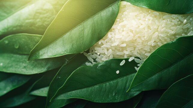 Sona Masoori rice nestled in vibrant green leaves showcasing texture with ample copyspace for culinary or branding text applications