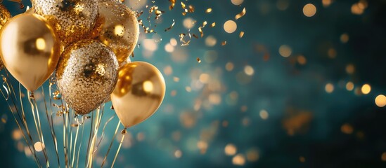 50th Birthday Celebration with Gold Helium Balloons and Confetti on Blue Background Featuring Copyspace for Custom Text or Messages