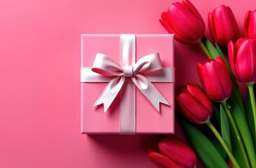 A Charming Pink Gift Box Delicately Surrounded by Beautiful, Vibrant Red Tulips Blooms