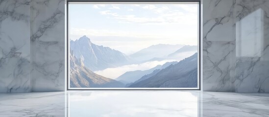 Elegant White Window Framing Breathtaking Mountain View in Modern Luxurious Living Room with Marble Floors and Ample Blank Space for Text