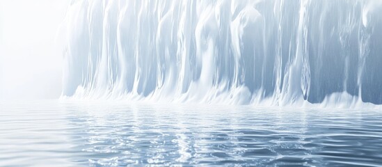 Cascading waterfall with mist above smooth water surface, featuring cool blue tones and ample negative space for text placement.