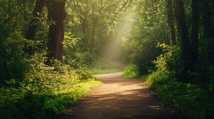 Fototapeta premium Serene forest pathway illuminated by sunlight with lush greenery and inviting atmosphere for peaceful exploration