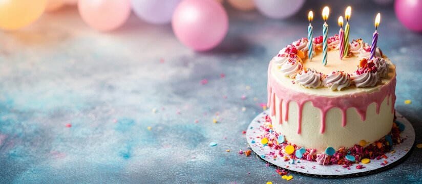 80th Birthday Cake Celebration with Candles and Colorful Decorations on Table for Festive Greeting Card Design