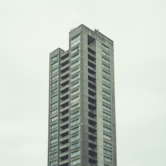 Obraz premium Urban High-Rise Building Surrounded by Tree Branches with Construction Crane and Empty Copy Space for Text in a Calm Daily Setting