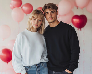 Young Couple Standing Together with Balloons in Romantic Setting