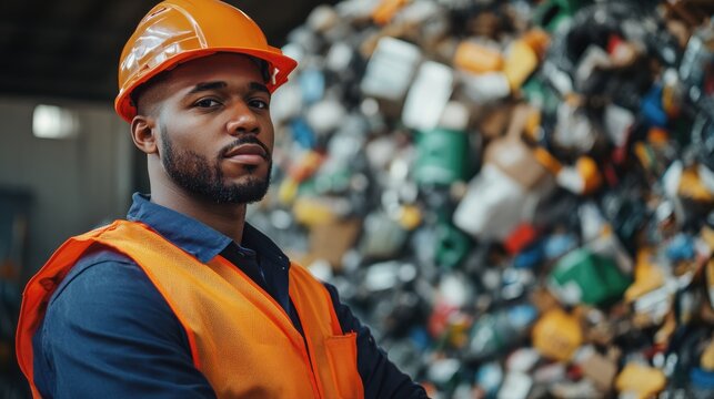 Technician in safety gear at waste recycling facility focused on environmental protection with space for text placement