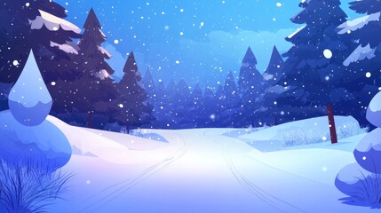 Winter Forest Landscape with Snowy Trees and Scenic Road Under Blue Sky Ideal for Text Overlay in Seasonal and Nature Themes