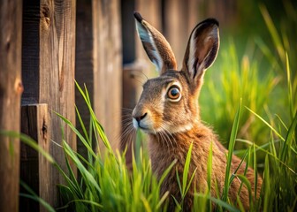 Obraz premium Minimalist Hare Hiding in Grass, Fence Photography - Wildlife Nature Scene
