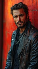 Fototapeta premium Intense Portrait of a Man in a Black Leather Jacket Against a Red Wall