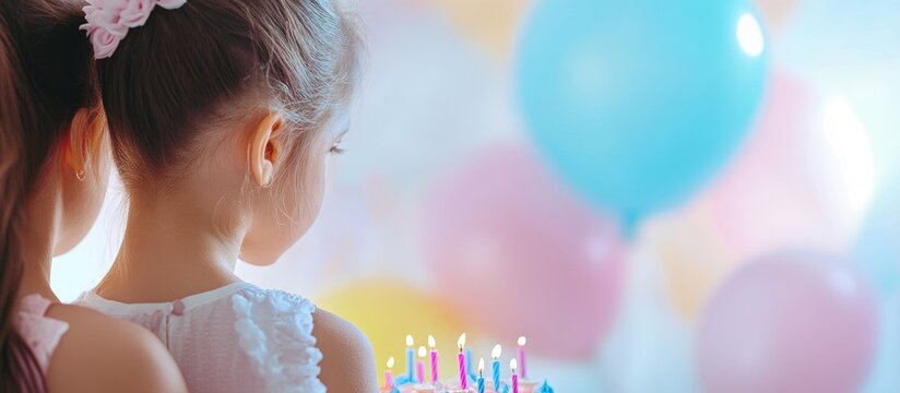 Mother and daughter preparing for a fairy tale birthday party with colorful balloons and a birthday cake decorated with candles