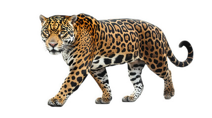 Fototapeta premium majestic jaguar walking gracefully. showcasing its distinctive coat with bold rosettes and a strong physique the background is plain white. emphasizing the jaguar's striking appearance and highlightin