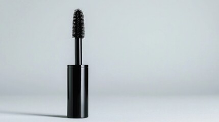 A sleek black mascara tube stands upright against a minimalist background, showcasing its unique brush design.