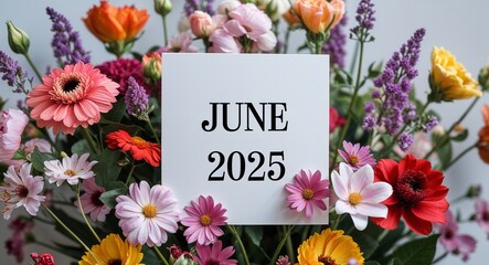 june 2025 lettering on plain white card on bouquet of flowers background