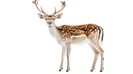standing deer with antlers and distinctive spotted fur. set against a plain white background. highlighting its features and form the focus on the deer suggests a purpose related to wildlife photograph