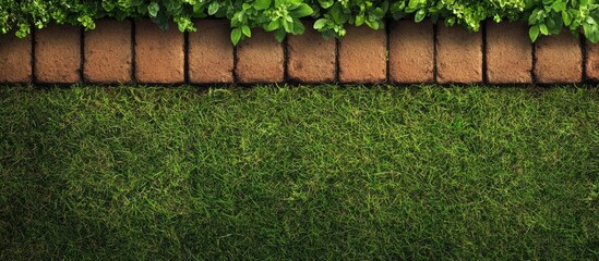 Garden border design with brick paver edging showcasing lush green grass and empty space for text ideal for landscaping and gardening themes.