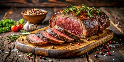 Panoramic Roasted Meat on Wooden Board - Delicious Food Photography