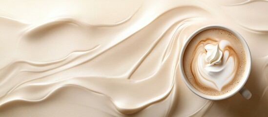 Dynamic light-colored background featuring a cup of coffee with cream and empty space for text and design elements.