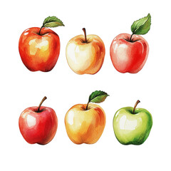 collection of six apples. showcasing a variety of colors including red. yellow. and green. with some apples having leaves attached the artwork highlights the natural beauty and diversity of apples. po