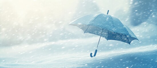 Broken umbrella caught in fierce winter winds creating a desolate scene with ample space for text or messages in snowstorm backdrop