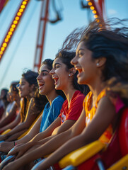 Group of Friends Enjoying a Thrilling Ride at a Carnival