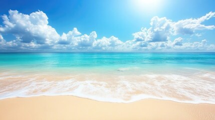 Tranquil summer beach scene with azure water waves, golden sand, and a vibrant cloudy sky creating a serene coastal atmosphere