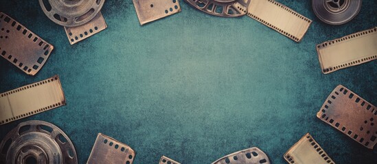 Vintage Film Background with Empty Copyspace for Text Featuring 8mm Film Strips and Reel Design Ideal for Retro Movie Themed Projects
