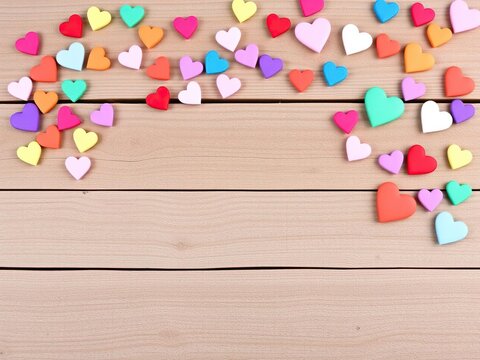 Colorful heart-shaped decorations scattered across a wooden plank with varying shades and sizes, wooden plank, decorative arrangement, varied shapes