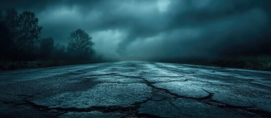 Dark surreal cracked asphalt road with ominous clouds creating an eerie atmosphere suitable for horror-themed designs and text overlays.